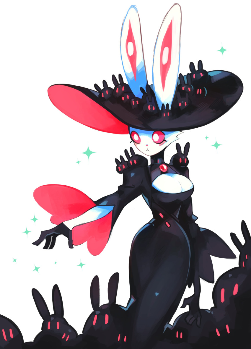 absurd_res ambiguous_gender anthro big_breasts black_clothing black_dress breasts cleavage clothed clothing dress female feral fire_bay group hat headgear headwear hi_res lagomorph leporid mammal rabbit red_sclera simple_background white_background white_body