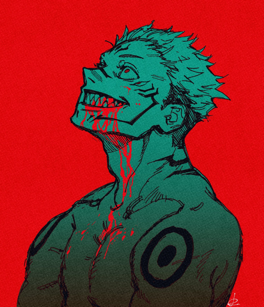 1boy blood blood_from_mouth blood_on_face blood_splatter contrast extra_eyes facial_mark forehead_mark hair_slicked_back highres jujutsu_kaisen looking_up male_focus multicolored_hair natsu_(rodysanp) pectorals portrait red_background red_eyes ryoumen_sukuna_(jujutsu_kaisen) sharp_teeth shirtless simple_background smile tattoo teeth toned toned_male two-tone_hair undercut wide-eyed