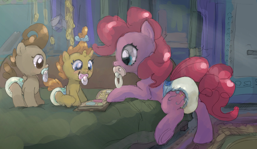 adult_baby asdfasfasda baby bed bedroom bodily_fluids book carpet cutie_mark diaper diaper_fetish diaper_fur equid equine female feral friendship_is_magic furniture genital_fluids group hasbro hi_res hooves horse infantilism male mammal my_little_pony pacifier pinkie_pie_(mlp) pony pound_cake_(mlp) pumpkin_cake_(mlp) raised_leg underhoof urine wet_diaper wetting young