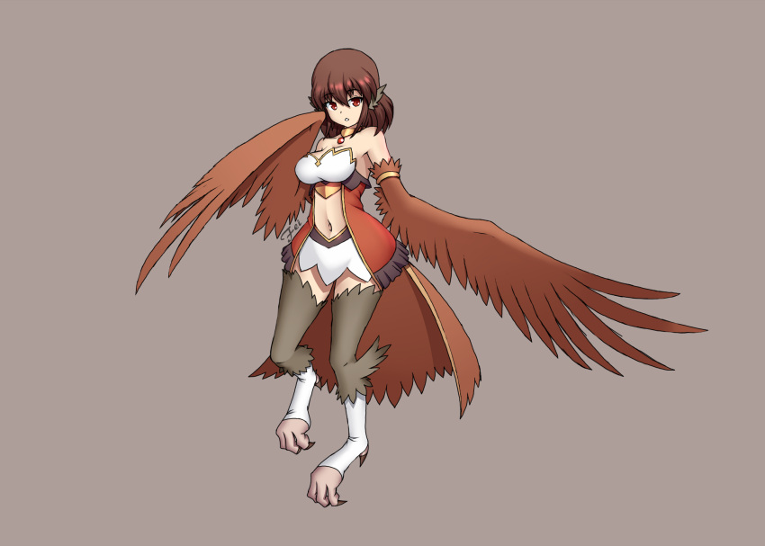 1girl armlet breasts brown_hair digitigrade eyebrows_visible_through_hair feathered_wings fei_(ercan_dinler17) full_body harpy highres jewelry large_breasts looking_at_viewer medium_hair monster_girl navel necklace original red_eyes signature simple_background solo talons wing_ears winged_arms wings