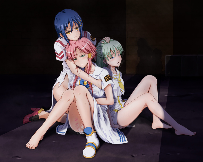 3girls after_rape aika_granzchesta alice_carroll aria aria_company_uniform bare_shoulders barefoot blue_eyes blue_hair boots collarbone cum cum_in_mouth dress dress_lift earrings fukuro_ooji green_eyes green_hair hair_tubes half-closed_eyes hand_on_another's_head highres himeya_company_uniform jewelry mizunashi_akari multiple_girls open_mouth orange_planet_uniform pink_hair pumps red_footwear sailor_collar sailor_shirt shiny shiny_hair shirt short_hair short_hair_with_long_locks short_sleeves sidelocks single_boot sitting toes torn_clothes torn_dress white_dress white_sailor_collar white_shirt yellow_eyes