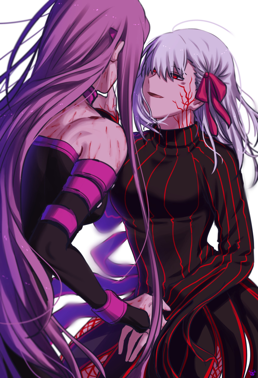 2girls absurdres dark_sakura fate/stay_night fate_(series) heaven's_feel highres long_hair matou_sakura moina multiple_girls purple_hair red_eyes rider scratches very_long_hair white_background white_hair