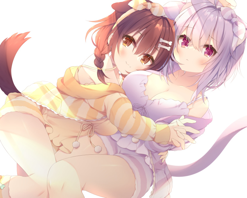 animal_ears anju_(mocomocousagi) blush braids brown_eyes brown_hair catgirl doggirl hololive hug inugami_korone nekomata_okayu pajamas purple_hair tail twintails