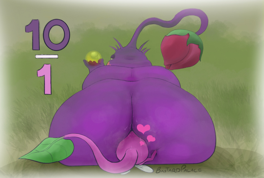 absurd_res ambiguous_gender bastardpalace big_butt bodily_fluids butt duo eating elemental_creature facesitting flora_fauna hi_res leaf musk nintendo obese outside overweight pikmin pikmin_(species) pink_body plant purple_body purple_pikmin slightly_chubby smothering sweat thick_thighs video_games wide_hips winged_pikmin