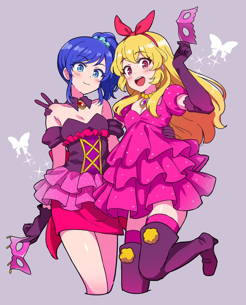 2girls :d aikatsu! aikatsu!_(series) barefoot blonde_hair blue_eyes blue_hair blue_scrunchie boots bow breasts bug butterfly choker cleavage closed_mouth corset cosplay cowboy_shot cropped_legs detached_collar detached_sleeves dress elbow_gloves frilled_dress frills gem gloves grey_background hair_bow hairband hand_on_another's_shoulder highres holding holding_mask hoshimiya_ichigo hoshimiya_ringo_(aikatsu!) hoshimiya_ringo_(aikatsu!)_(cosplay) idol insect kiriya_aoi leg_up long_hair looking_at_viewer mask mask_removed mitsuishi_orihime mitsuishi_orihime_(cosplay) multiple_girls open_mouth pink_dress pink_legwear pom_pom_(clothes) purple_dress purple_footwear purple_gloves red_bow red_eyes red_hairband scrunchie side_ponytail simple_background smile sparkle strapless strapless_dress thigh_boots thighhighs two-tone_dress v yoban