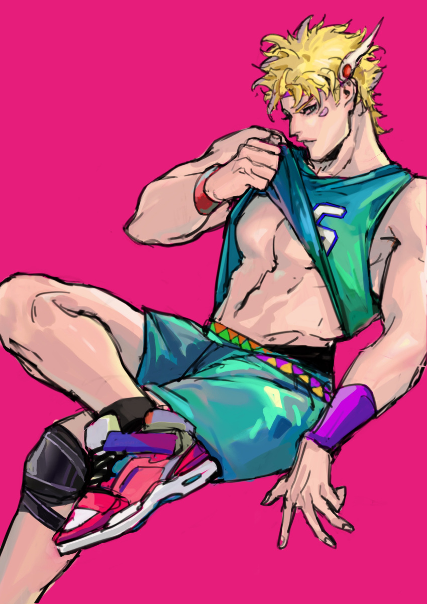 1boy abs absurdres basketball_uniform battle_tendency blonde_hair caesar_anthonio_zeppeli crossed_legs facial_mark green_eyes green_shorts headband highres jersey jojo_no_kimyou_na_bouken knee_pads male_focus red_background shirt_lift shoes shorts sneakers solo sportswear winged_hair_ornament wristband xubeichaoyansuan