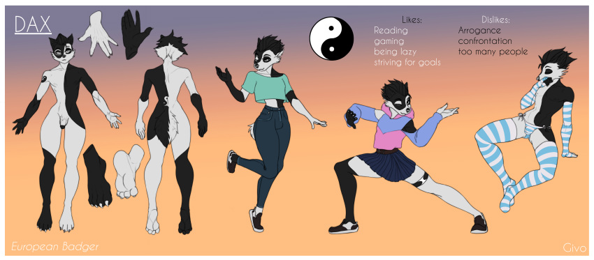 absurd_res anthro badger claws clothing costume european_badger feet footwear girly givo hi_res humanoid male mammal meles model_sheet mustelid musteline paws socks solo yin_yang