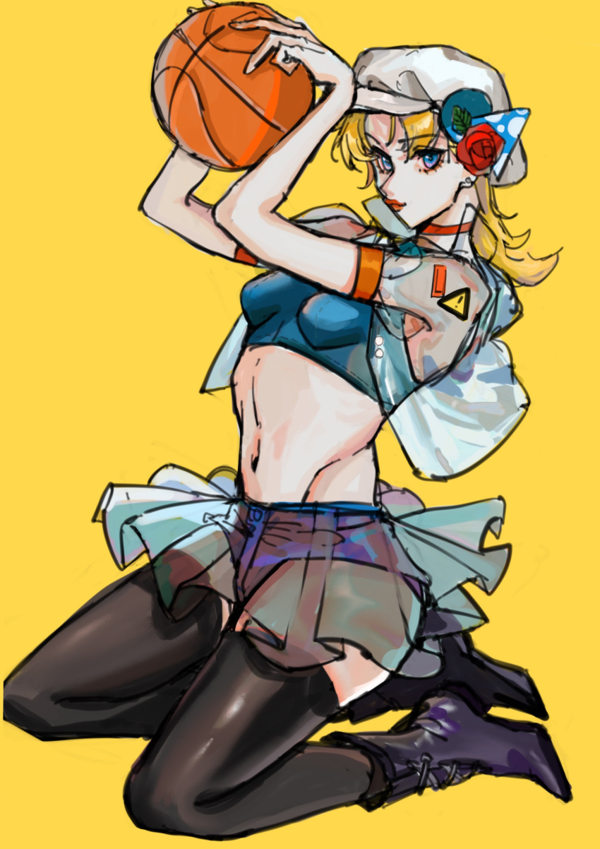 1girl absurdres armband basketball battle_tendency black_footwear black_legwear blonde_hair blue_eyes boots breasts choker crop_top earrings flower hat hat_flower highres jewelry jojo_no_kimyou_na_bouken medium_hair micro_shorts midriff miniskirt navel red_lips rose see-through shorts shorts_under_skirt sign simple_background skirt small_breasts solo stud_earrings suzi_q thighhighs warning_sign xubeichaoyansuan yellow_background