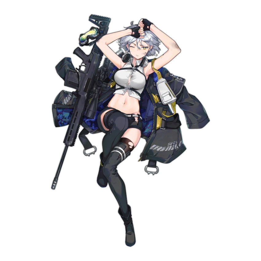1girl armpits arms_up bare_arms bare_shoulders belt black_footwear black_gloves black_legwear black_shorts boots breasts bruise bruise_on_face button_gap chukavin_svch closed_mouth collared_shirt crop_top fingerless_gloves frown girls_frontline gloves goggles goggles_removed green_eyes gun headphones headphones_around_neck highres injury looking_at_viewer medium_breasts midriff multiple_straps nagu navel official_art one_eye_closed rifle scope shirt short_hair short_shorts shorts silver_hair sleeveless sleeveless_shirt sniper_rifle solo stomach svch_(girls_frontline) thighhighs thighs torn_clothes torn_legwear torn_shorts transparent_background wavy_mouth weapon white_shirt