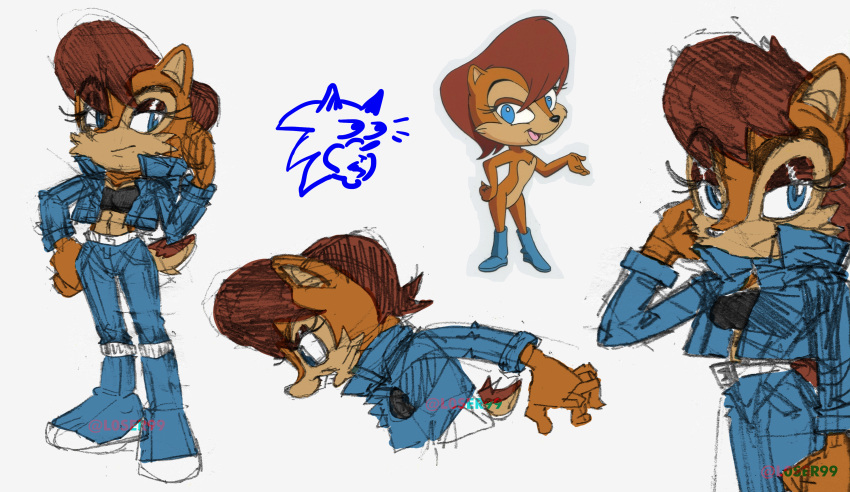 absurd_res angry anthro archie_comics belt boots bottomwear chipmunk clothing colored eyebrows female footwear ground_squirrel hi_res idea jacket l0ser looking_at_viewer mammal pants pogchamp redesign rodent sally_acorn sciurid side_view signature sketch solo sonic_the_hedgehog sonic_the_hedgehog_(archie) sonic_the_hedgehog_(comics) sonic_the_hedgehog_(series) topwear