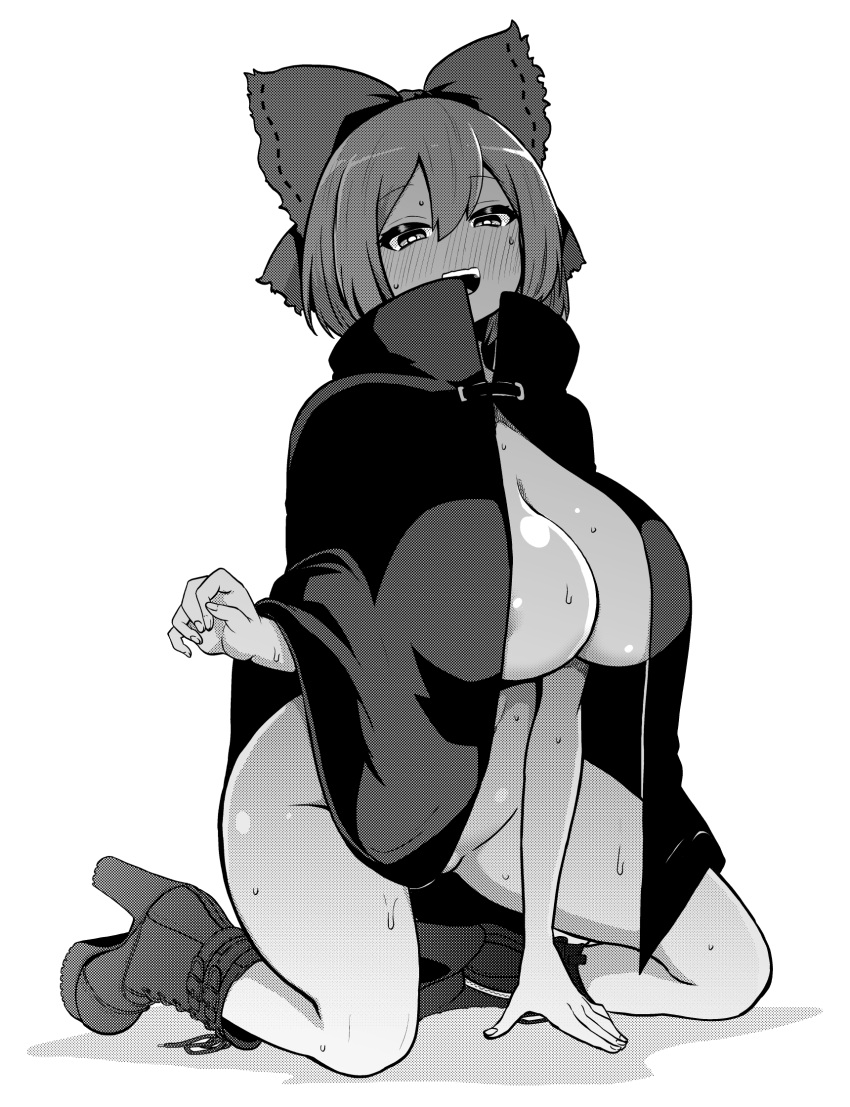 1girl :d areola_slip areolae blush boots bow breasts cloak cloak_lift eyebrows_visible_through_hair eyelashes hair_between_eyes hair_bow half-closed_eyes halftone hand_on_floor high_heel_boots high_heels highres himajin_noizu huge_breasts labia looking_at_viewer monochrome naked_cloak no_bra no_panties on_floor open_mouth sekibanki shoelaces smile solo sweat teeth touhou