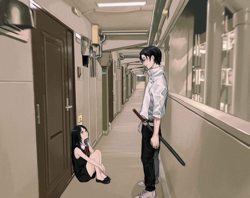 1boy 1girl age_difference bangs belt black_hair black_pants blue_eyes buttons child day dress flats hallway high_collar highres indoors jewelry jujutsu_kaisen knees_on_chest legs_together long_hair looking_at_another mole mole_under_mouth okkotsu_yuuta orimoto_rika pants parted_bangs pipes ring sheath sheathed shirt shoes short_hair short_sleeves sitting sleeveless sleeveless_dress smile sneakers standing sword takeda_breath vanishing_point weapon white_shirt wide_shot