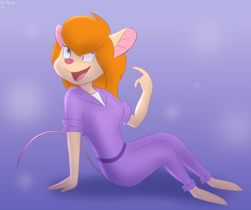 anthro barefoot chip_'n_dale_rescue_rangers disney feet female gadget_hackwrench hi_res mammal mouse murid murine nietzab open_mouth open_smile rodent sitting smile solo