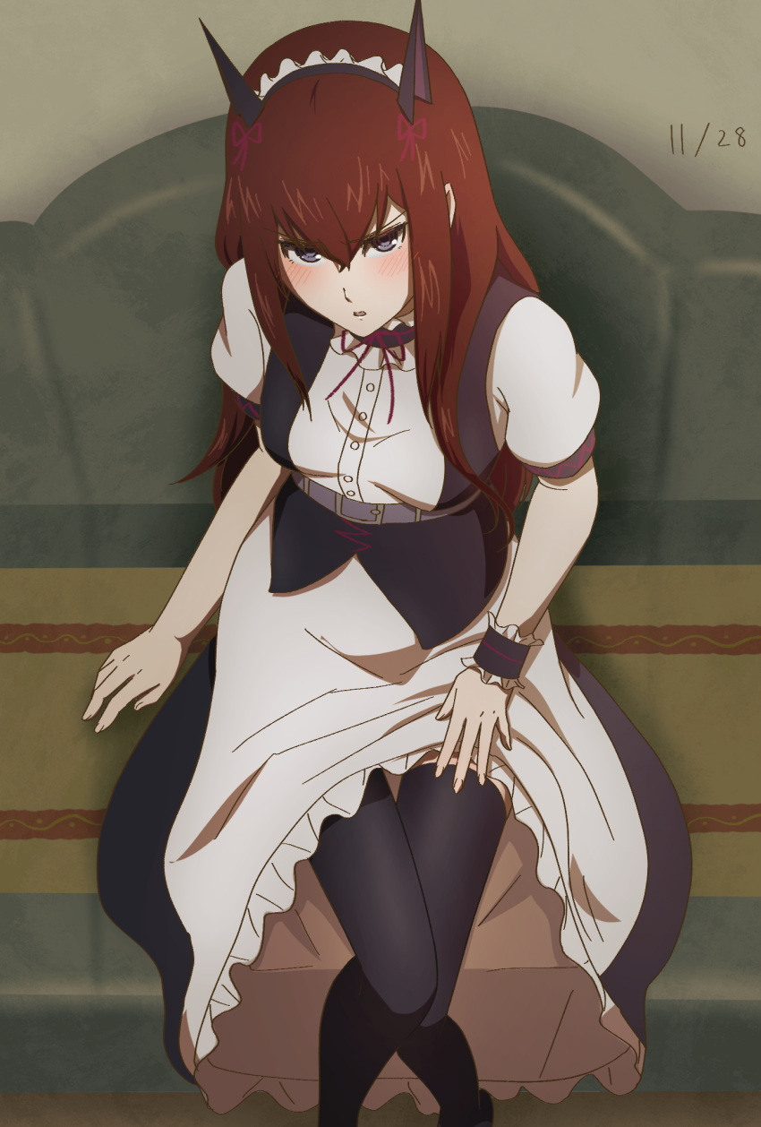 1girl alternate_legwear apron apron_lift bangs belt belt_buckle black_legwear black_skirt blue_eyes blush brown_hair buckle dated dress_shirt from_below hair_between_eyes highres long_hair long_skirt looking_at_viewer maid_headdress makise_kurisu neck_ribbon open_mouth red_ribbon ribbon shiny shiny_hair shirt short_sleeves sitting skirt skirt_lift solo steins;gate tayutau0a0 thighhighs very_long_hair waist_apron white_apron white_shirt