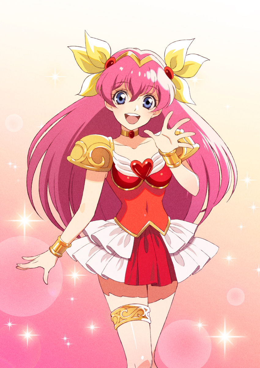 1girl armor bangs blue_eyes choker cowboy_shot eyebrows_visible_through_hair garters hair_ribbon hanasaki_momoko heart heart_choker highres leotard long_hair looking_at_viewer magical_girl open_mouth pauldrons pink_hair ribbon shoulder_armor simple_background skirt solo teeth tomaty. waving wedding_peach yellow_ribbon