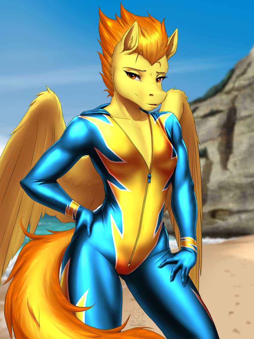 2021 5_fingers absurd_res anthro bodysuit clothed clothing digital_media_(artwork) equid equine feathered_wings feathers female fingers friendship_is_magic hair hand_on_hip hasbro hi_res mammal multicolored_hair multicolored_tail muscular muscular_anthro muscular_female my_little_pony mykegreywolf pegasus skinsuit solo spitfire_(mlp) tight_clothing two_tone_hair wings wonderbolts_(mlp)