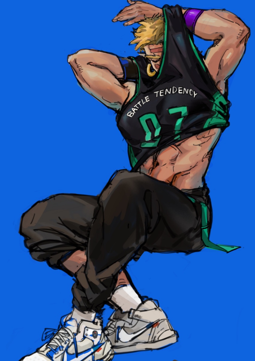 1boy abs absurdres basketball_uniform battle_tendency blonde_hair blue_background closed_eyes copyright_name earrings facial_tattoo highres jewelry jojo_no_kimyou_na_bouken male_focus pants shirt_lift shoes simple_background sneakers solo sportswear tattoo track_pants wamuu wristband xubeichaoyansuan