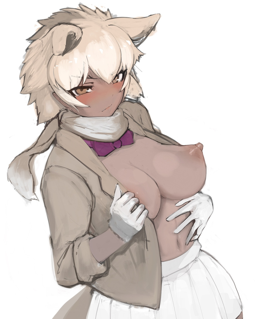 1girl animal_ears bangs blonde_hair blush bow bowtie breasts closed_eyes closed_mouth cowboy_shot dark_skin dark_skinned_female dutch_angle extra_ears eyebrows_visible_through_hair gloves hand_on_own_stomach highres jacket kemono_friends large_breasts looking_at_viewer medium_hair microskirt navel nipples no_bra open_clothes open_jacket scarf shibori_kasu simple_background sketch skirt solo stomach tail tundra_wolf_(kemono_friends) v-shaped_eyebrows white_background white_skirt wolf_ears