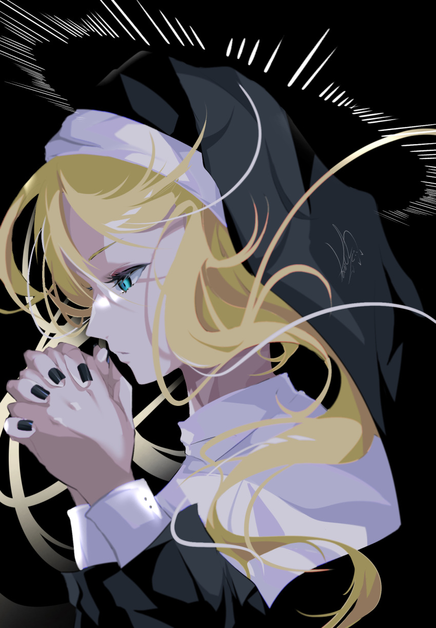 1girl black_nails blonde_hair blue_eyes floating_hair from_side goma_irasuto habit halo hands_together highres long_hair looking_down no_lineart nun original parted_lips solo upper_body