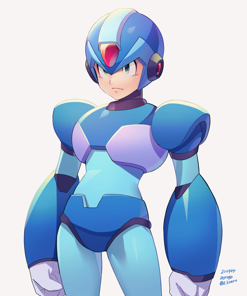 1boy absurdres android armor arms_at_sides artist_name blue_bodysuit blue_headwear bodysuit clenched_hands closed_mouth commentary_request cowboy_shot dated green_eyes grey_background helmet highres looking_to_the_side male_focus rockman rockman_x serious simple_background solo standing twitter_username x_(rockman) zero-go