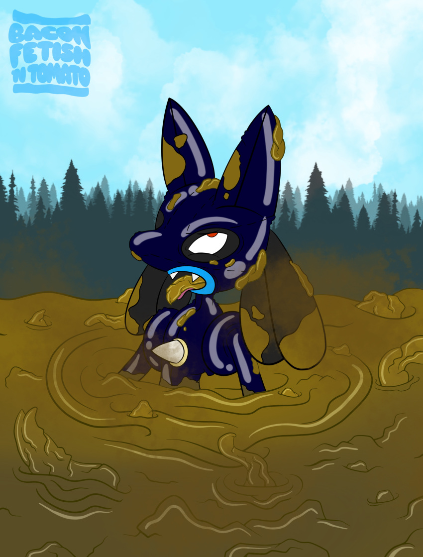 absurd_res anthro baconfetish'ntomato blue_body blue_fur canid canine clothed clothing covered_in_scat digital_media_(artwork) eating_feces eye_roll feces forest forest_background fur hi_res lucario male mammal nature nature_background nintendo open_mouth outside plant pok&eacute;mon pok&eacute;mon_(species) red_eyes rubber rubber_suit scat solo tree video_games