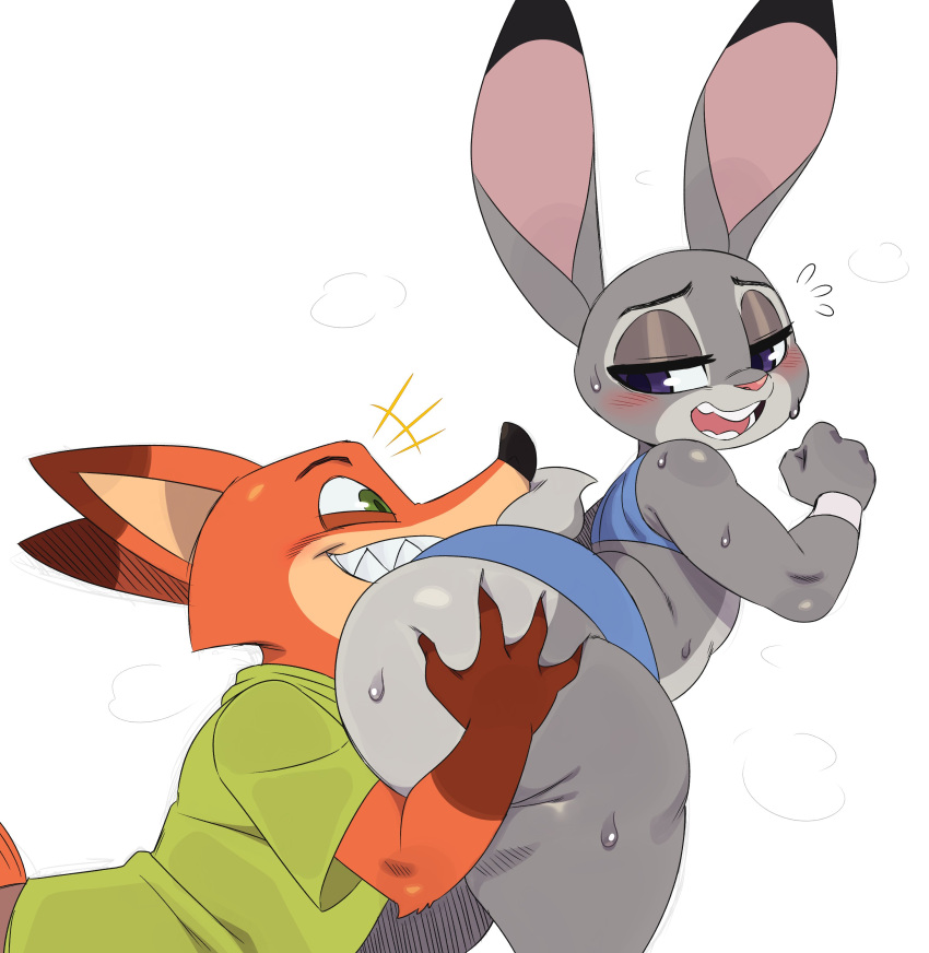 absurd_res anthro big_butt blush bodily_fluids butt butt_grab butt_hug canid canine disney duo female fox hand_on_butt hi_res huge_butt judy_hopps lagomorph leporid male male/female mammal nick_wilde rabbit sssonic2 sweat thick_thighs zootopia