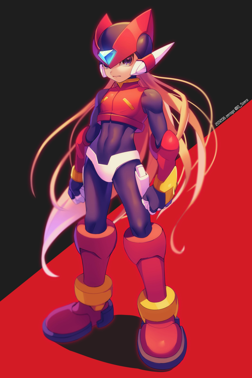 1boy absurdres android armor arms_at_sides artist_name black_background black_bodysuit blonde_hair blurry bodysuit clenched_hands closed_mouth commentary dated depth_of_field floating_hair full_body helmet highres long_hair looking_at_viewer male_focus purple_eyes red_background red_headwear rockman rockman_zero serious shadow solo standing twitter_username two-tone_background very_long_hair zero-go zero_(rockman)