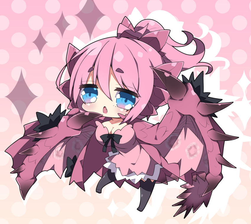 1girl bangs black_bow black_legwear blue_eyes blush bow breasts brown_background chibi cleavage collarbone commentary_request dragon_girl dragon_horns dragon_tail dragon_wings dress eyebrows_visible_through_hair fang full_body gradient gradient_background hair_between_eyes high_ponytail horns looking_at_viewer medium_breasts milkpanda monster_hunter no_shoes open_mouth personification pink_background pink_dress pink_hair pink_rathian polka_dot polka_dot_background ponytail short_eyebrows solo tail thick_eyebrows thighhighs wings