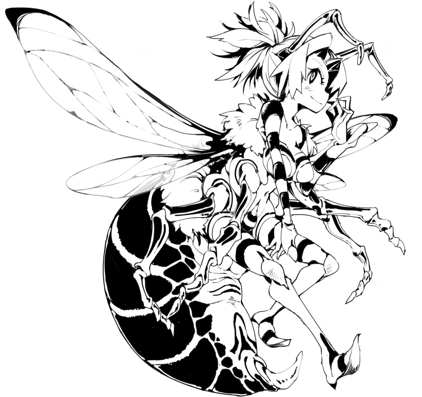 1girl antennae arthropod_girl bee_girl carapace closed_mouth extra_arms full_body highres insect_wings light_smile ls-lrtha monochrome monster_girl original solo wings