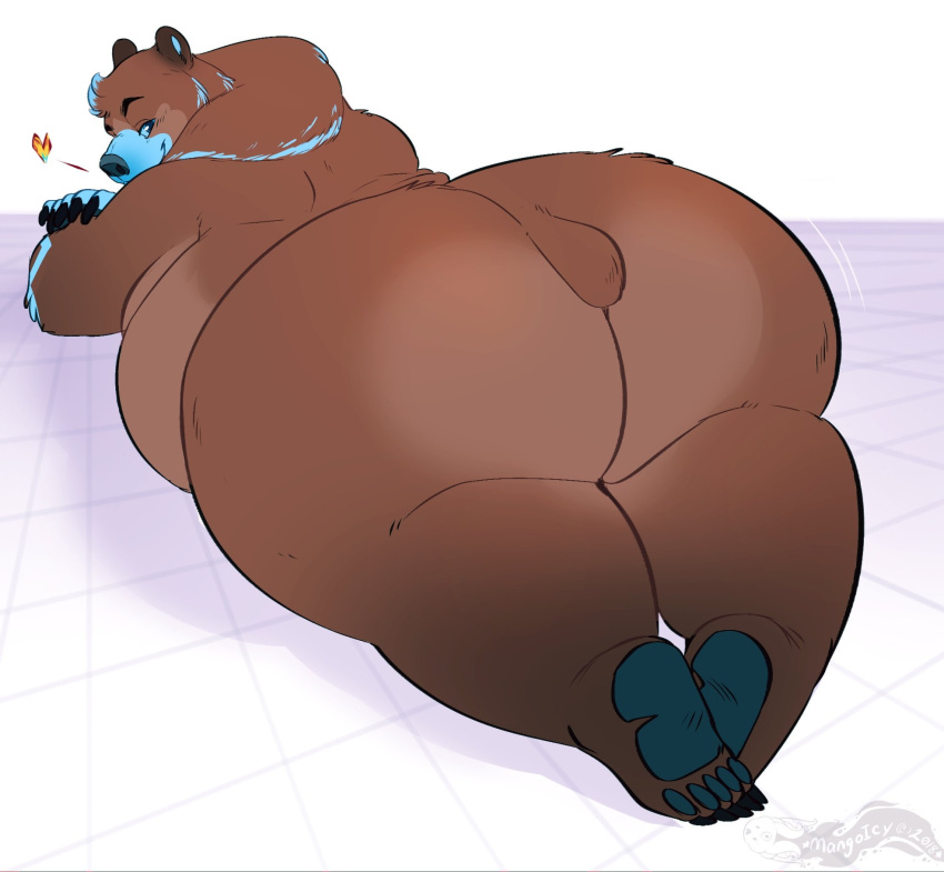 &lt;3 2018 5_fingers 5_toes anthro arm_markings belly big_belly big_butt bjorn_(sturattyfur) black_claws blue_body blue_eyes blue_fur blue_markings boxgoat brown_bear brown_body brown_fur butt butt_focus claws dated digital_media_(artwork) druid facial_markings feet finger_claws fingers fur fur_markings grizzly_bear head_markings hi_res huge_butt looking_at_viewer looking_back looking_back_at_viewer lying magic_user male mammal markings moobs multicolored_body multicolored_fur nude obese obese_anthro obese_male on_front overweight overweight_anthro overweight_male pawpads presenting presenting_hindquarters rear_view seductive short_tail signature simple_background smile solo toe_claws toes tribal tribal_markings tribal_spellcaster ursid ursine