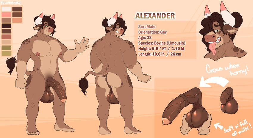 absurd_res alexander_(bullstarhaku) animal_genitalia animal_penis anthro anus balls big_balls big_pecs big_penis bovid bovine bullstarhaku butt cattle equine_penis fan_character genitals hi_res invalid_tag male mammal milk model model_sheet nipples pecs penis solo