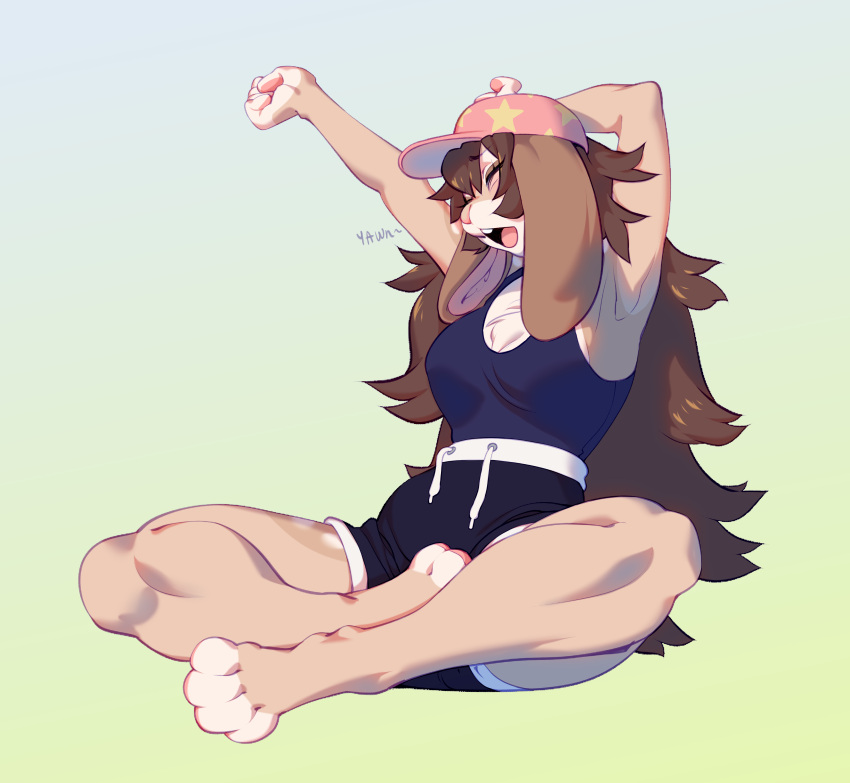 absurd_res anthro athletic ballcap black_bottomwear black_clothing black_shorts blue_background blue_clothing blue_shirt blue_tank_top blue_topwear bottomwear breasts brown_body brown_ears brown_fur brown_hair chest_tuft clothing countershading drawstring eyes_closed feet_together_knees_apart female fur gradient_background green_background hair hand_behind_head hat headgear headwear hi_res lagomorph leg_muscles leporid long_hair mammal multicolored_body multicolored_fur muscular muscular_female open_mouth pawpads paws pink_ballcap pink_clothing pink_hat pink_headwear rabbit raised_arms shirt shorts simple_background sitting small_waist solo sportswear star star_print star_print_hat stretching stretching_arms takiminada tan_body tan_fur tank_top topwear tuft white_body white_fur yawn