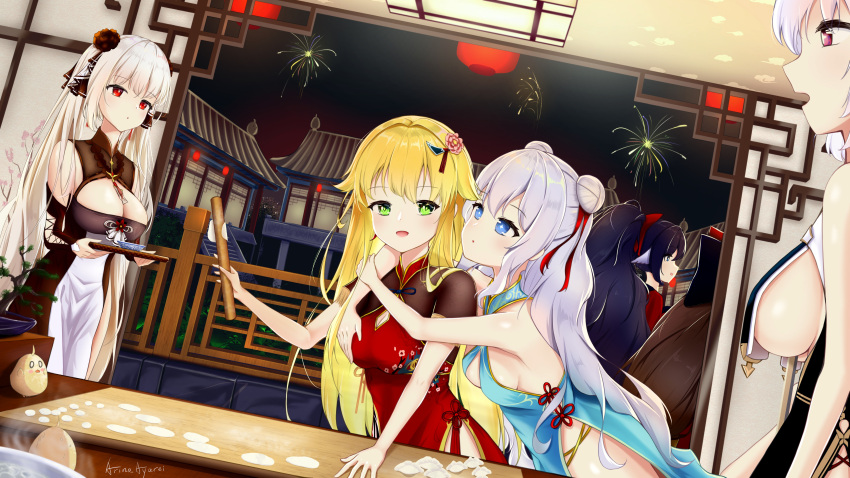 5girls absurdres alternate_costume architecture arino_ayarei artist_name aurora_(azur_lane) aurora_(heritage_of_yu_city)_(azur_lane) azur_lane bare_shoulders black_dress blonde_hair blue_eyes bow breast_curtains breasts brown_dress center_opening china_dress chinese_clothes chinese_new_year cleavage cleavage_cutout clothing_cutout cooking double_bun dress east_asian_architecture eyebrows_visible_through_hair fireworks flower food formidable_(azur_lane) gold_trim green_eyes hair_flower hair_ornament hair_ribbon highres holding holding_tray indoors large_breasts le_malin_(azur_lane) long_hair manjuu_(azur_lane) multiple_girls official_alternate_costume ponytail red_bow red_eyes red_ribbon ribbon rolling_pin short_sleeves side_slit sirius_(azur_lane) sirius_(azure_horizons)_(azur_lane) small_breasts tray twintails very_long_hair white_hair yoizuki_(azur_lane)