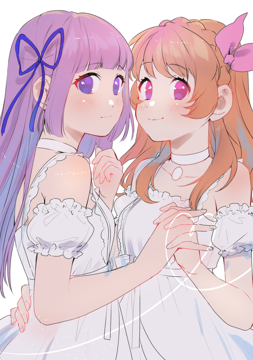 2girls absurdres aikatsu! aikatsu!_(series) bangs bare_shoulders blue_ribbon blunt_bangs blush bow braid choker clenched_hand close-up collarbone crown_braid detached_sleeves dress expressionless eyebrows_visible_through_hair frilled_dress frills geshumaro hair_bow hair_over_shoulder hair_ribbon hand_on_another's_hip heart highres hikami_sumire holding_hands interlocked_fingers long_hair looking_at_viewer multiple_girls oozora_akari orange_hair pink_bow pink_eyes purple_eyes purple_hair ribbon short_sleeves simple_background smile spaghetti_strap upper_body white_background white_choker