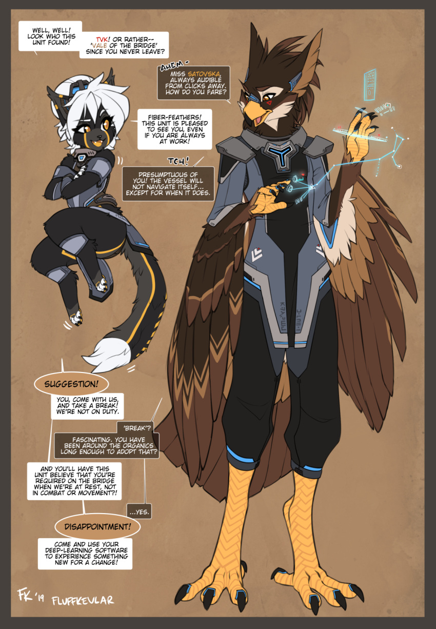 2019 android anthro avian barefoot beak biped black_body black_fur black_nose border brown_body brown_feathers clothed clothing dialogue digital_media_(artwork) domestic_cat duo english_text feathers feet felid feline felis female fluff-kevlar fur hair hi_res machine male mammal orange_border robot short_stack speech_bubble talons text vale_(fluff-kevlar) warning_(fluff-kevlar) white_body white_fur white_hair yellow_body yellow_eyes yellow_fur