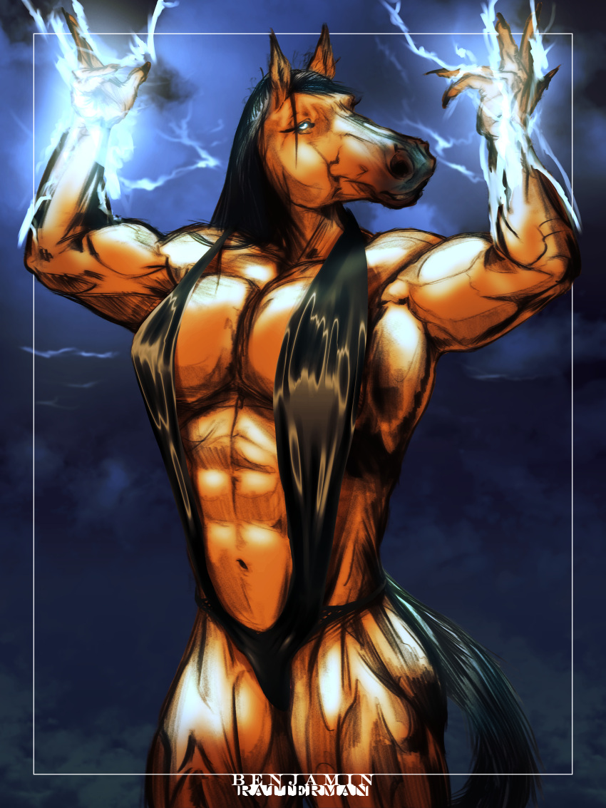 abs absurd_res anthro benjamin_ratterman blue_eyes brown_body electricity electricity_manipulation elemental_manipulation equid equine female halloween hi_res holidays horse lightning looking_at_viewer magic magic_user mammal muscular muscular_female outside solo