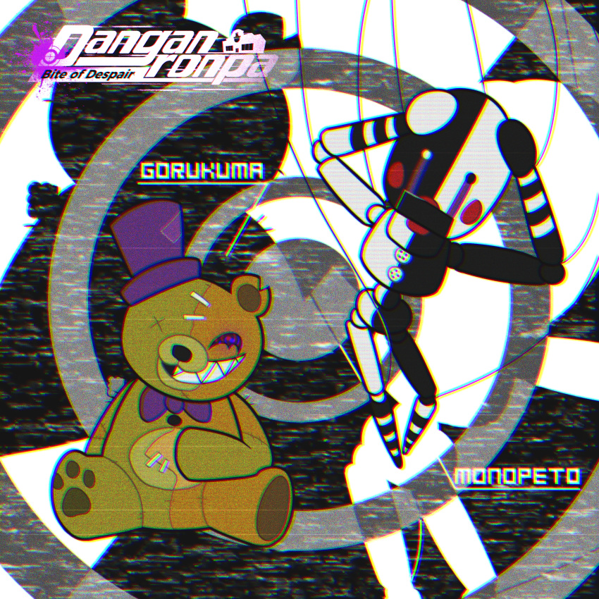 1_eye 2020 abstract_background absurd_res ambiguous_gender animate_inanimate anthro barefoot black_background black_body black_eyes black_nose bodily_fluids bow_tie button_(disambiguation) clothing crossover danganronpa duo english_text facial_markings fan_character feet five_nights_at_freddy's five_nights_at_freddy's_2 golden_freddy_(fnaf) gorukuma hand_on_body hand_on_head hand_on_stomach hat head_markings headgear headwear hi_res jmtacda lips looking_at_viewer male mammal markings monokuma monopeto multicolored_body multicolored_eyes notched_ear open_mouth pawpads paws pose puppet puppet_(fnaf) purple_eyes raised_arm red_lips rosy_cheeks scared sharp_teeth simple_background simple_eyes sitting smile spread_legs spreading static stitch_(sewing) string tear_(marking) tears teddy_bear teeth text top_hat two_tone_body ursid video_games white_background white_body white_eyes x_eyes yellow_body