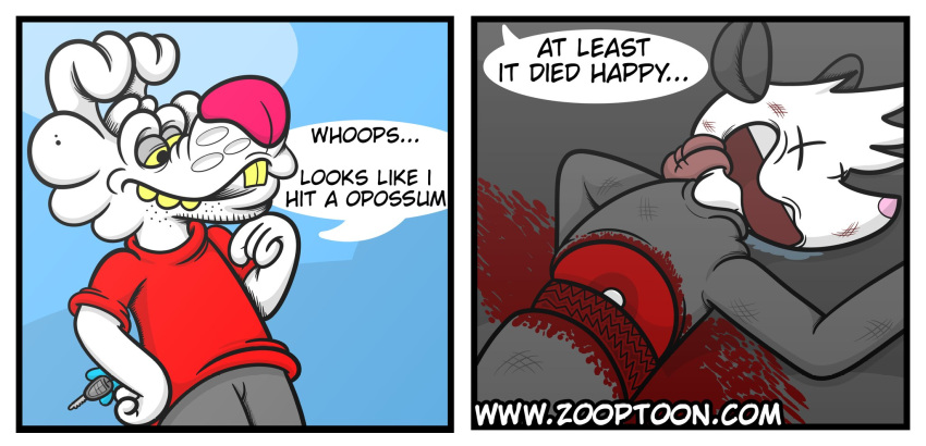 anthro blood bodily_fluids comic death didelphid duo edgy_ed eyes_closed gore hi_res lagomorph leporid male mammal marsupial parody rabbit roadkill speech_bubble text tire_tracks tongue tongue_out toony webcomic what zooptoon