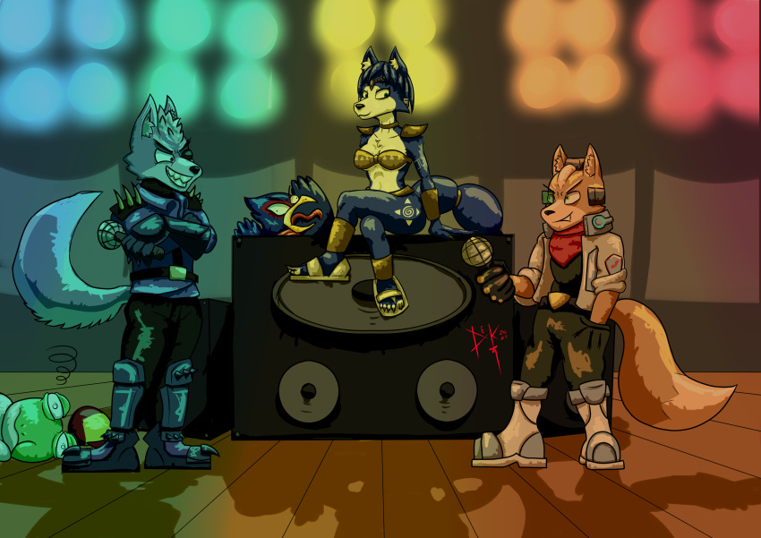 absurd_res amphibian anthro avian bird canid canine canis destruteka falco_lombardi female fox fox_mccloud friday_night_funkin frog group hi_res krystal male mammal microphone nintendo slippy_toad speaker star_fox video_games wolf wolf_o'donnell