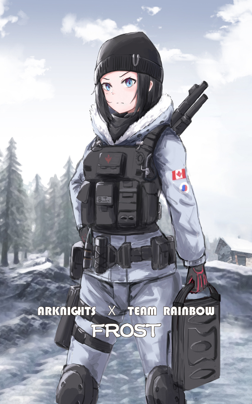 1girl arknights belt_buckle black_hair blue_eyes buckle bulletproof_vest canadian_flag character_name copyright_name crossover english_text explosive frost_(rainbow_six_siege) gun highres mine_(weapon) nyanko960121 rainbow_six_siege shotgun snow weapon weapon_on_back winter_uniform woollen_cap