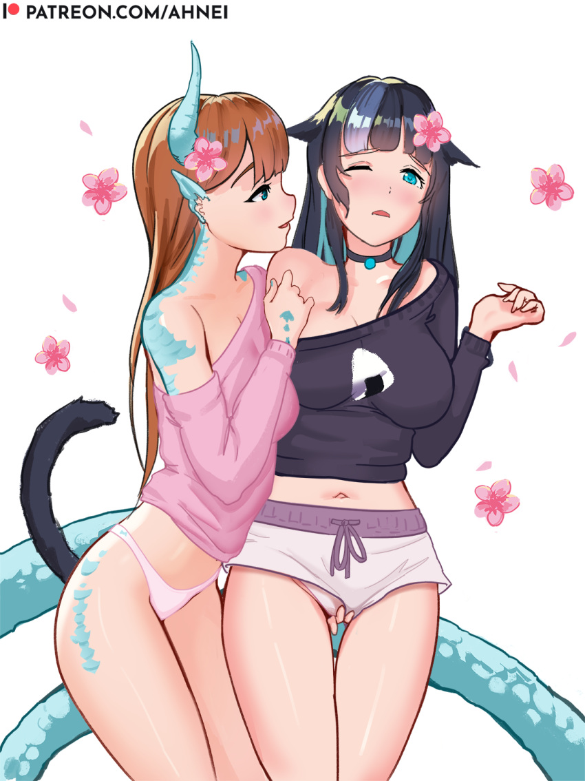 2girls ahnei animal_ears black_hair blue_eyes blush breasts brown_hair flower food hair_flower hair_ornament highres large_breasts masturbation masturbation_through_clothing monster_girl multiple_girls onigiri original panties sweater underwear yuri