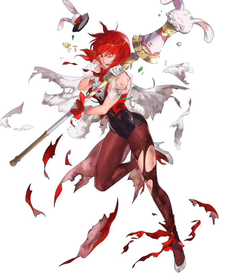 1girl bare_shoulders breasts broken broken_weapon bunny_tail capelet fire_emblem fire_emblem:_mystery_of_the_emblem fire_emblem_heroes full_body gloves hat high_heels highres holding leg_up leotard looking_away mayo_(becky2006) medium_breasts minerva_(fire_emblem) mini_hat official_art one_eye_closed open_mouth pantyhose petals polearm red_eyes red_hair shiny shiny_hair short_hair sleeveless smile solo tail torn_clothes torn_legwear transparent_background weapon white_footwear white_gloves