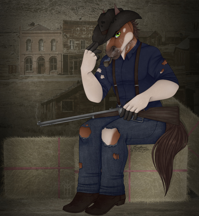 absurd_res anthro brody clothing cowboy equid equine gun hat headgear headwear hi_res horse humanoid longgun male mammal mustang_(disambiguation) old outlaw ranged_weapon rifle solo thehuntingwolf weapon western yeehaw yeeyee