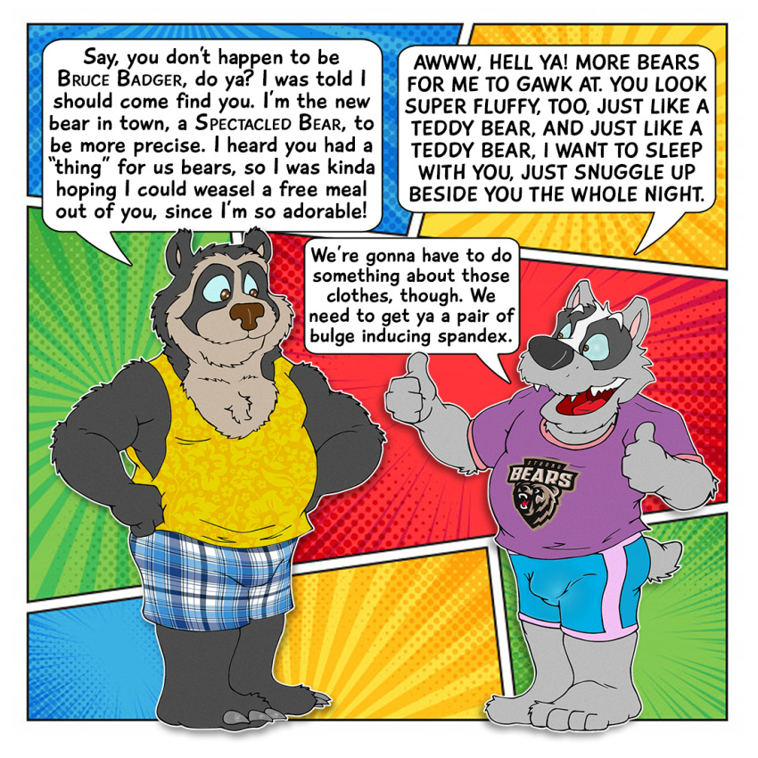 2021 anthro badger black_body black_fur brucebadger bulge clothing duo english_text fur grey_body grey_fur humanoid_hands male mammal mustelid musteline overweight overweight_male shirt spectacled_bear text topwear tremarctine underwear ursid