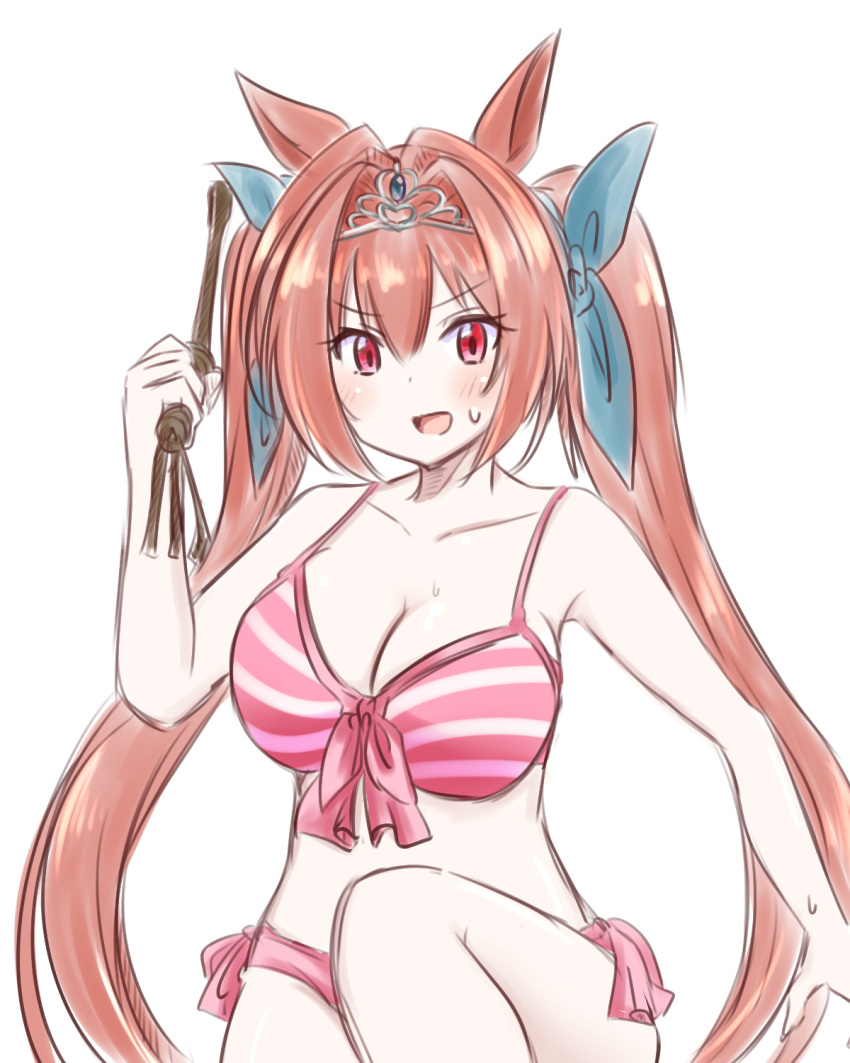 1girl animal_ears bikini blue_ribbon blush bra breasts brown_hair collarbone daiwa_scarlet gem highres holding holding_whip horse_ears horse_girl large_breasts looking_at_viewer nono_(totokin) open_mouth red_eyes ribbon simple_background striped striped_bikini sweat swimsuit tiara twintails umamusume underwear whip white_background