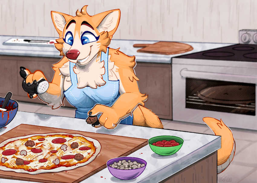 2021 apron apron_only bowl canid canine chibi clothing cooking crownedvictory cutlery detailed_background digital_media_(artwork) female food fungus fur hi_res holding_object kitchen kitchen_knife kitchen_utensils knife mammal mostly_nude mushroom orange_body orange_fur oven pizza salt salt_shaker smile solo tagme tan_body tan_fur tomato_sauce tools toony