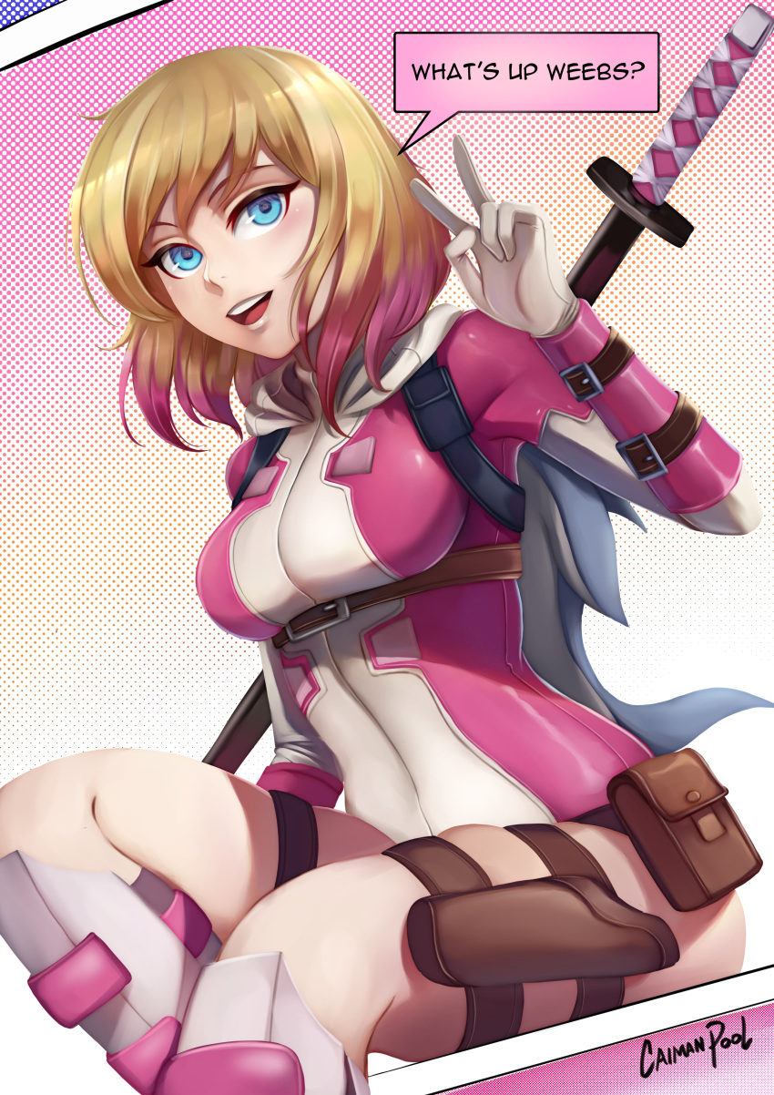 1girl absurdres blonde_hair blue_eyes breasts caiman-pool covered_navel dutch_angle english_text gwenpool highres holster katana looking_at_viewer marvel medium_breasts short_hair skin_tight smile solo speech_bubble stipple_coloring sword teeth thigh_holster thigh_pouch thighs tongue v weapon