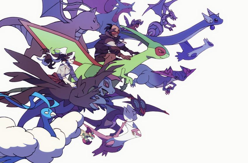 2boys altaria black_hair brown_shorts closed_eyes clothes_around_waist commentary_request dark_skin dark_skinned_male dragonair dragonite flapple flygon garchomp gen_1_pokemon gen_3_pokemon gen_4_pokemon gen_5_pokemon gen_6_pokemon gen_7_pokemon gen_8_pokemon grey_shirt highres hood hoodie hydreigon korean_commentary latias latios legendary_pokemon male_focus multiple_boys naganadel noivern orange_headwear piers_(pokemon) pokemon pokemon_(creature) pokemon_(game) pokemon_swsh raihan_(pokemon) riding_pokemon salamence shirt shorts simple_background smile ultra_beast visor white_background zigzagdb