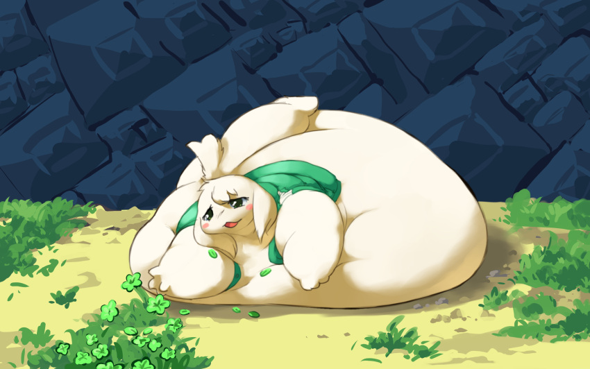 2018 anthro belly big_belly blue_background blush blush_stickers butt cave_story clothing female flower green_clothing green_shirt green_topwear hi_res hyper hyper_belly lagomorph leporid lying mammal mimiga on_front overweight overweight_anthro plant rabbit shirt simple_background solo topwear toroko veiukket video_games white_body