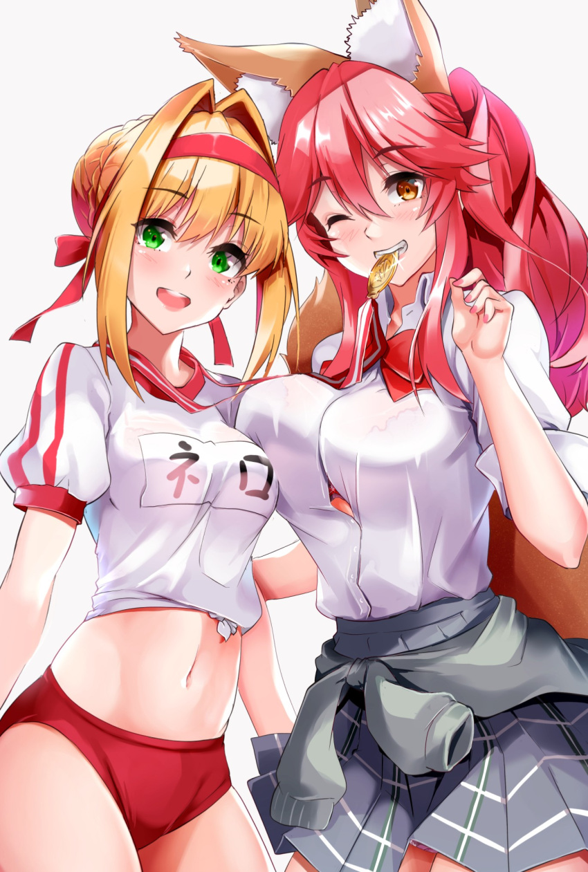 2girls ahoge animal_ear_fluff animal_ears bangs blonde_hair blush braid breasts buruma fate/extra fate/grand_order fate_(series) fox_ears fox_girl fox_tail french_braid green_eyes gym_uniform hair_between_eyes hair_bun hair_intakes headband highres large_breasts long_hair looking_at_viewer multiple_girls name_tag nero_claudius_(fate) nero_claudius_(fate)_(all) olympian_bloomers pink_hair red_headband sezoku sidelocks smile tail tamamo_(fate)_(all) tamamo_no_mae_(fate) yellow_eyes